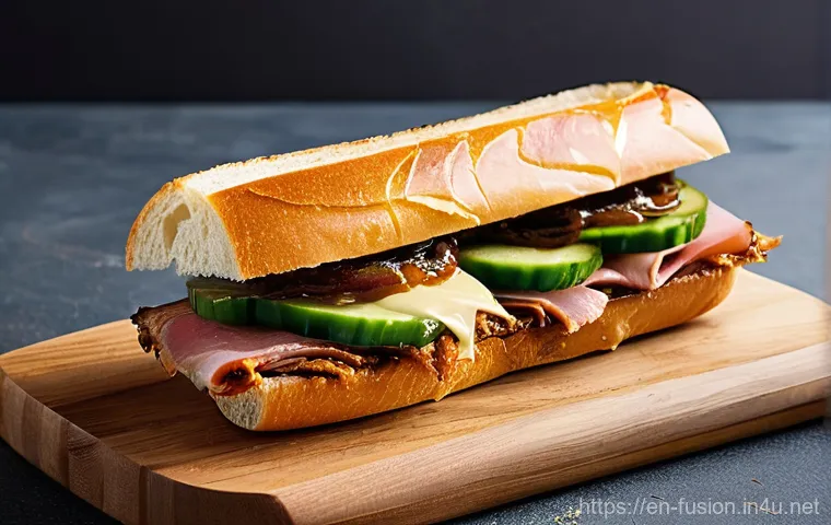 퓨전 샌드위치의 다양한 조합 - **Korean BBQ Bulgogi Hoagie:** A hyper-realistic, mouth-watering close-up of a perfectly constructed...