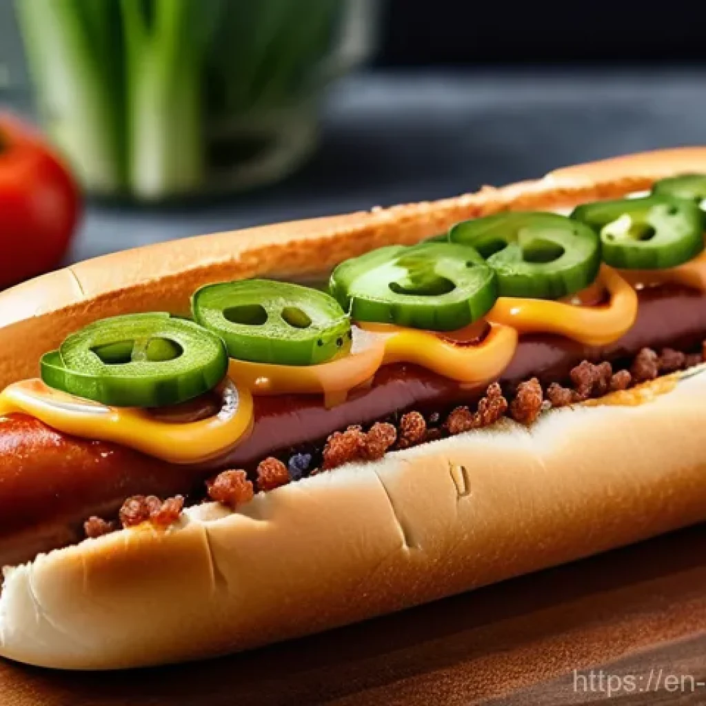 퓨전 핫도그의 브랜드별 리뷰 - **Vibrant Korean Kimchi Hot Dog.**
A close-up, high-angle commercial food photograph of a perfec...