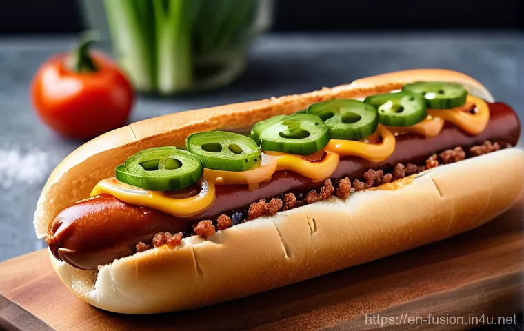 퓨전 핫도그의 브랜드별 리뷰 - **Vibrant Korean Kimchi Hot Dog.**
A close-up, high-angle commercial food photograph of a perfec...