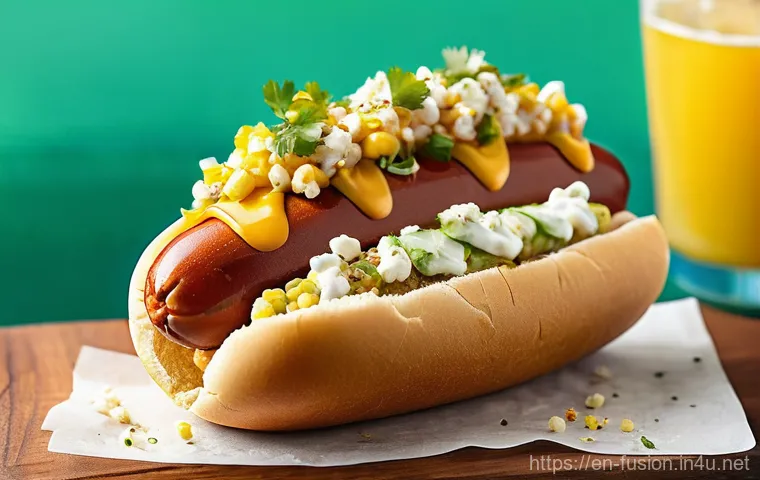 퓨전 핫도그의 브랜드별 리뷰 - **Vibrant Korean Kimchi Hot Dog.**
    A close-up, high-angle commercial food photograph of a perfec...