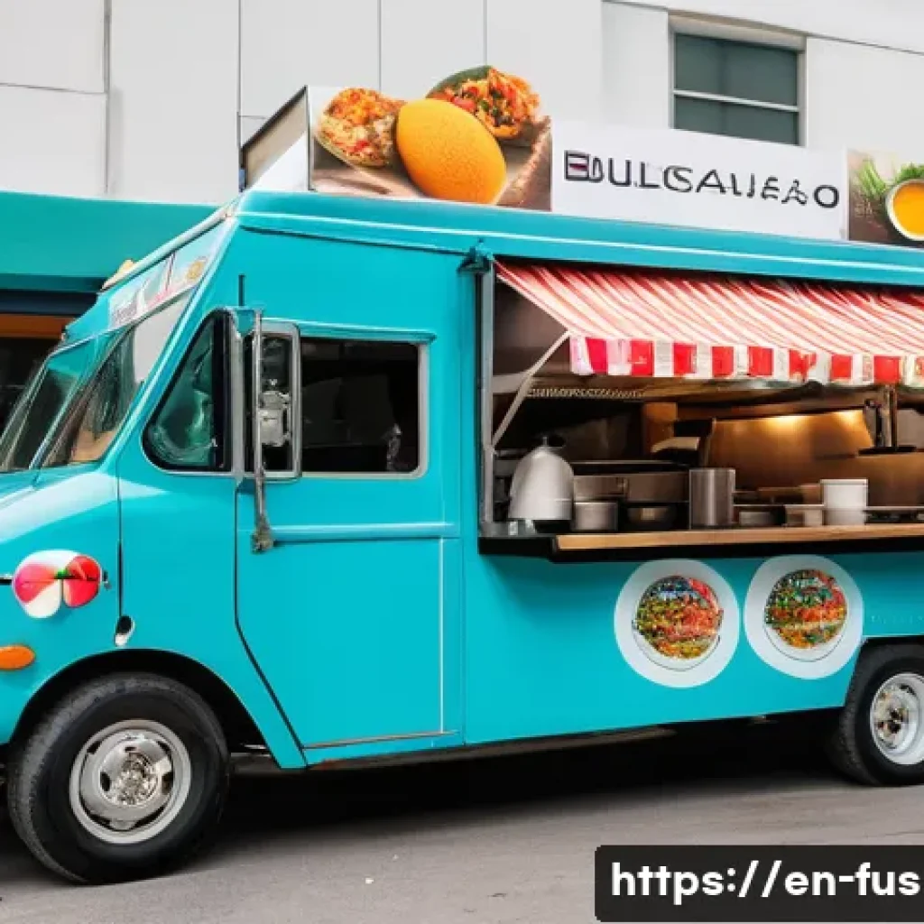 퓨전 패스트푸드의 창업 사례 - **Fusion Food Truck Scene:** "A vibrant, colorful food truck parked in a busy urban food market. The...