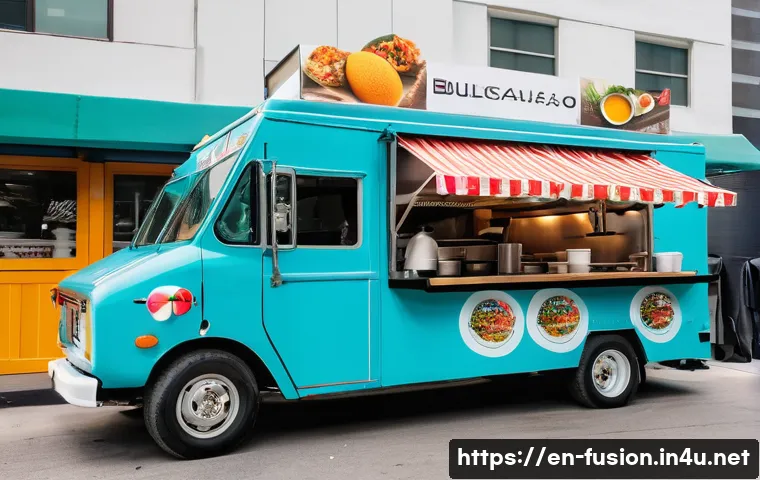 퓨전 패스트푸드의 창업 사례 - **Fusion Food Truck Scene:** "A vibrant, colorful food truck parked in a busy urban food market. The...