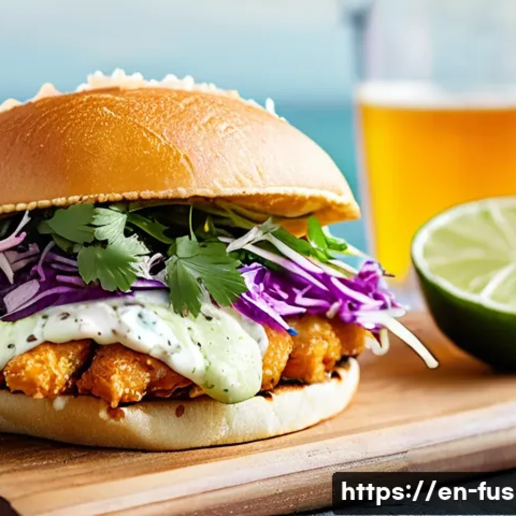 퓨전 샌드위치의 지역화 메뉴 - **A vibrant, close-up shot of a gourmet Baja Fish Taco Sandwich**, presented on a rustic wooden boar...