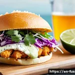 퓨전 샌드위치의 지역화 메뉴 - **A vibrant, close-up shot of a gourmet Baja Fish Taco Sandwich**, presented on a rustic wooden boar...