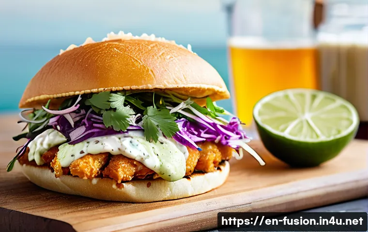 퓨전 샌드위치의 지역화 메뉴 - **A vibrant, close-up shot of a gourmet Baja Fish Taco Sandwich**, presented on a rustic wooden boar...