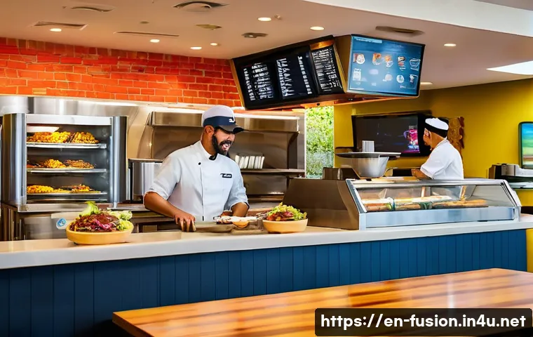 퓨전 패스트푸드의 프랜차이즈 팁 - **Vibrant Fusion Fast-Food Restaurant Interior with Diverse Customers**
A wide shot capturing th...