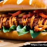 퓨전 핫도그의 할랄 인증 제품 - **Seoul Street Dog:** A close-up, high-resolution food photograph of a vibrant "Seoul Street Dog" at...