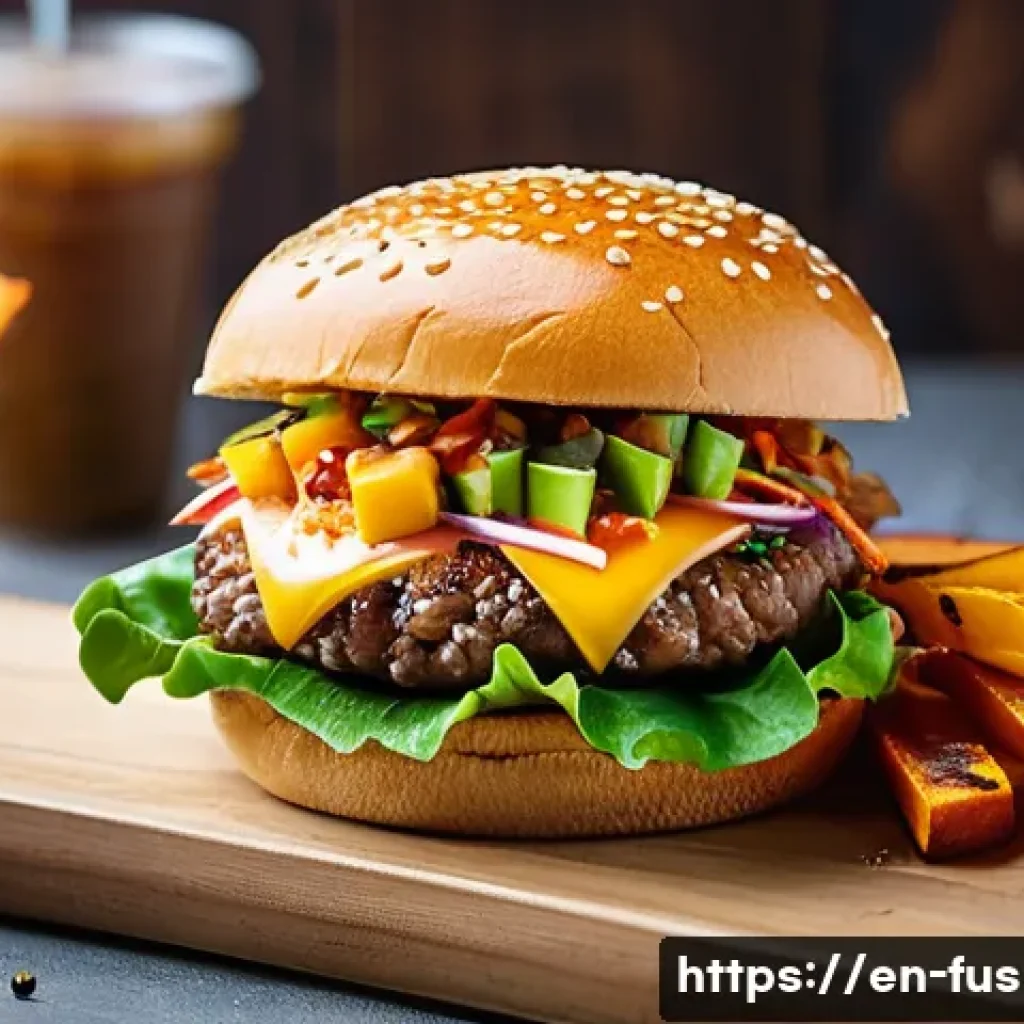 퓨전 패스트푸드 배달 전략 - A vibrant fusion fast food menu scene featuring a close-up of a classic burger bun filled with a col...