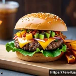 퓨전 패스트푸드 배달 전략 - A vibrant fusion fast food menu scene featuring a close-up of a classic burger bun filled with a col...