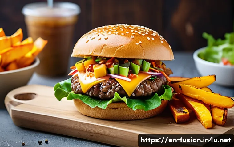 퓨전 패스트푸드 배달 전략 - A vibrant fusion fast food menu scene featuring a close-up of a classic burger bun filled with a col...