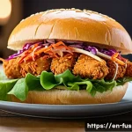 퓨전 패스트푸드 특별판 리뷰 - A close-up of a gourmet fusion fast food scene featuring a crispy fried chicken sandwich topped with...