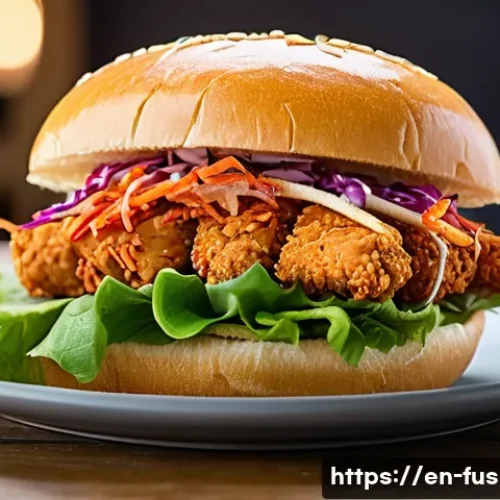 퓨전 패스트푸드 특별판 리뷰 - A close-up of a gourmet fusion fast food scene featuring a crispy fried chicken sandwich topped with...