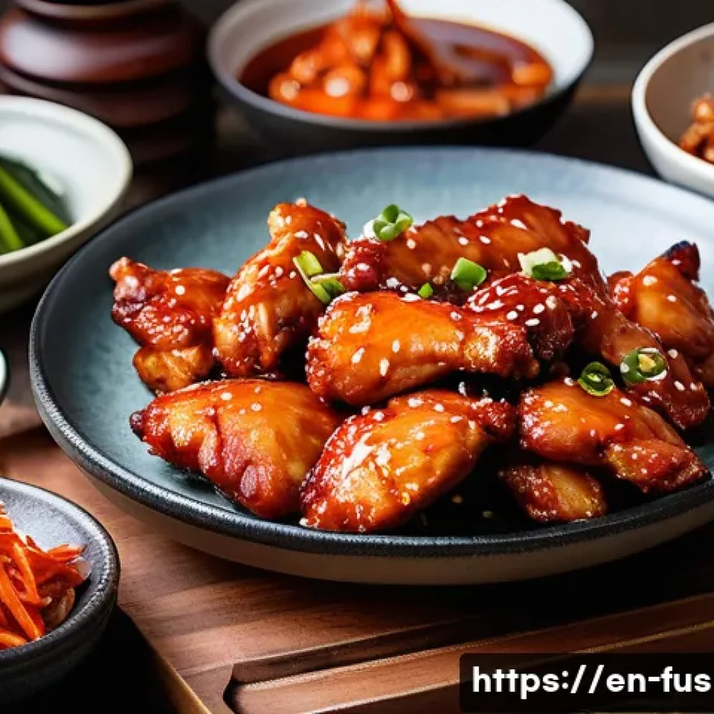 퓨전 치킨 브랜드별 할인율 - A vibrant close-up of a Korean-style fusion chicken platter featuring crispy, golden-brown chicken p...