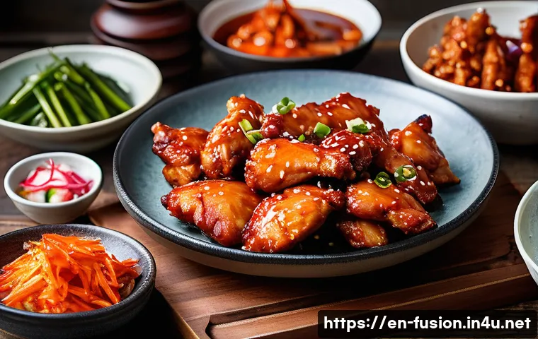 퓨전 치킨 브랜드별 할인율 - A vibrant close-up of a Korean-style fusion chicken platter featuring crispy, golden-brown chicken p...