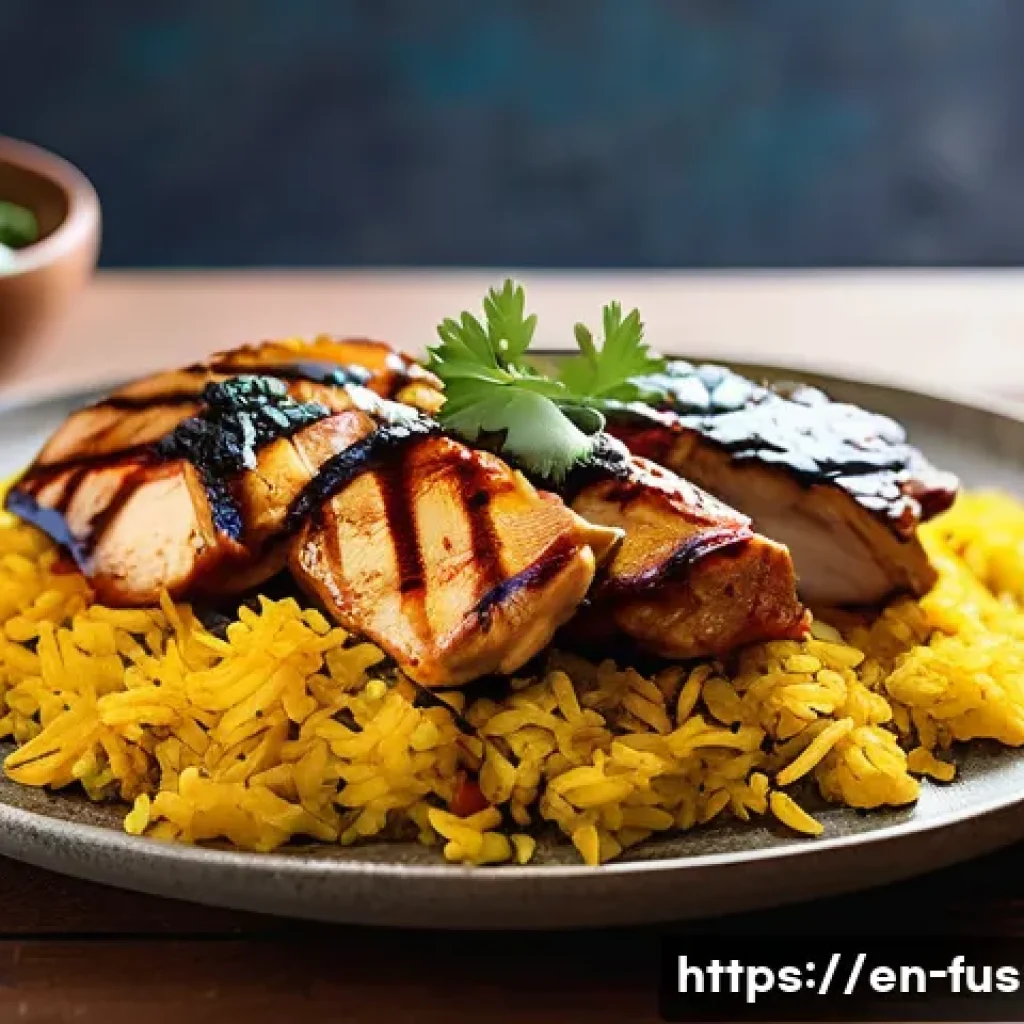 퓨전 치킨 글로벌 레시피 트렌드 - A vibrant fusion chicken dish featuring grilled chicken marinated in a smoky, warm blend of Indian g...