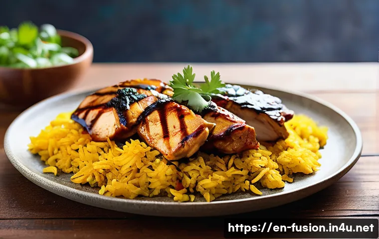 퓨전 치킨 글로벌 레시피 트렌드 - A vibrant fusion chicken dish featuring grilled chicken marinated in a smoky, warm blend of Indian g...