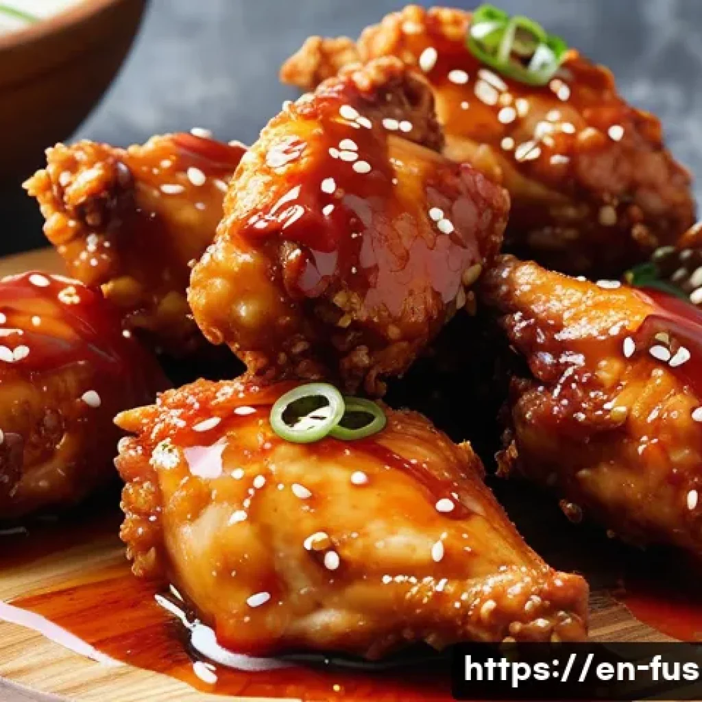 퓨전 치킨 튀김 방법 리뷰 - A close-up, high-resolution image of Korean-style fusion fried chicken pieces coated in a glossy goc...