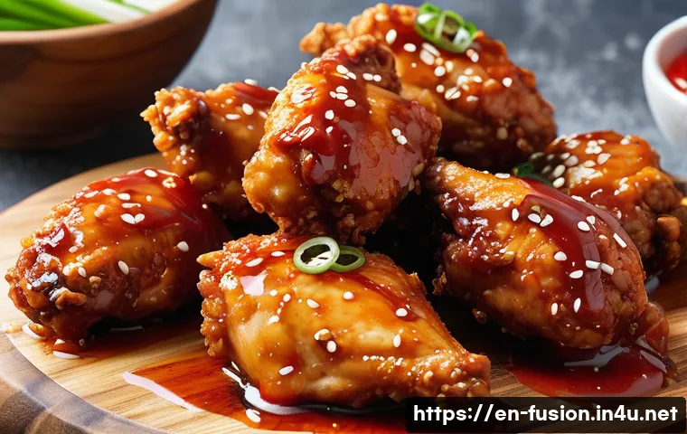 퓨전 치킨 튀김 방법 리뷰 - A close-up, high-resolution image of Korean-style fusion fried chicken pieces coated in a glossy goc...