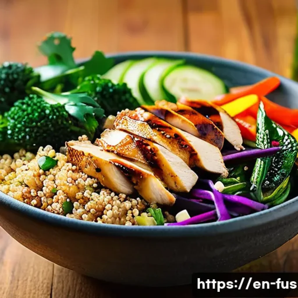 퓨전 패스트푸드의 건강식 품목 - A vibrant fusion fast food grain bowl featuring quinoa, grilled chicken, colorful stir-fried Asian v...
