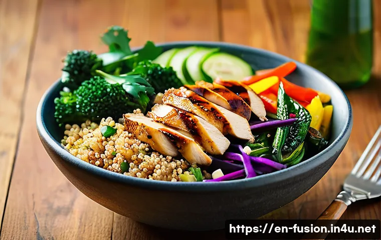 퓨전 패스트푸드의 건강식 품목 - A vibrant fusion fast food grain bowl featuring quinoa, grilled chicken, colorful stir-fried Asian v...