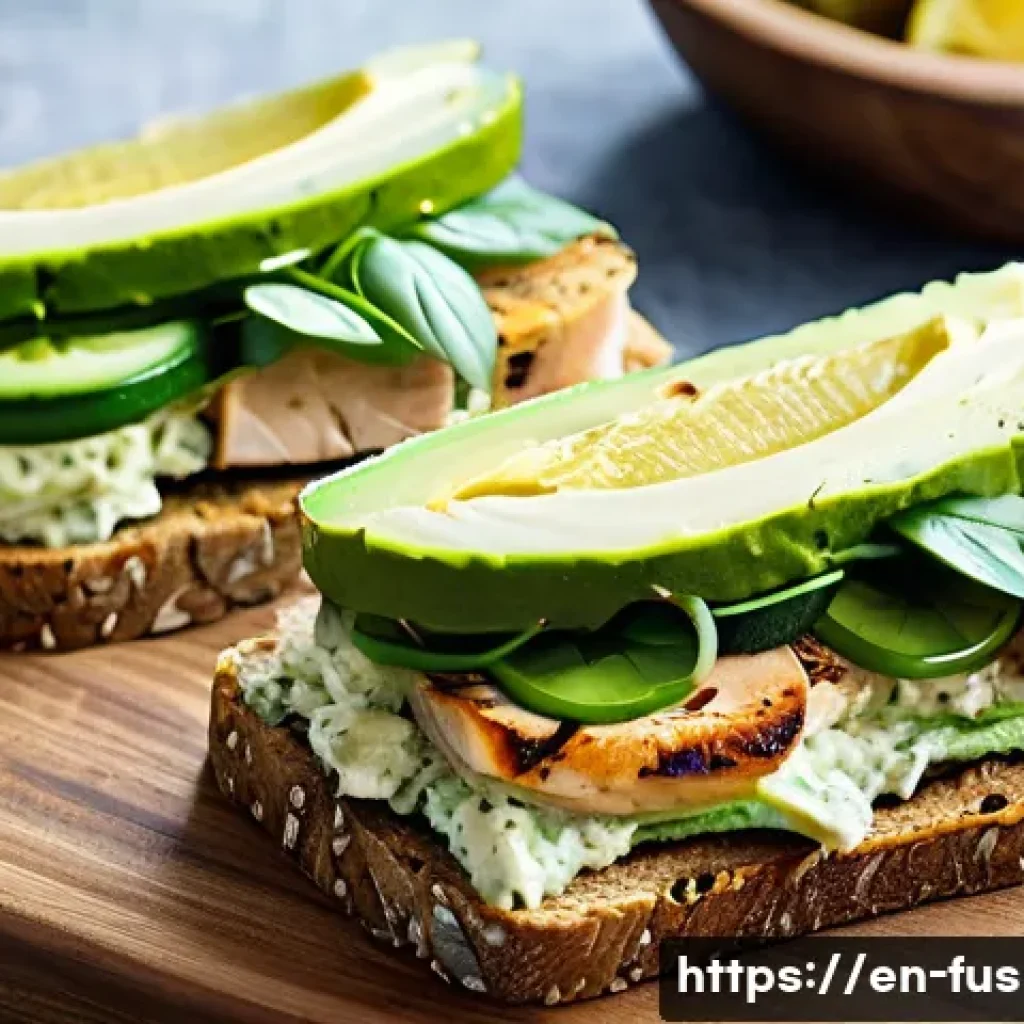 퓨전 샌드위치의 다이어트 메뉴 - A vibrant whole grain sandwich on a rustic wooden board, featuring thick slices of sprouted wheat br...