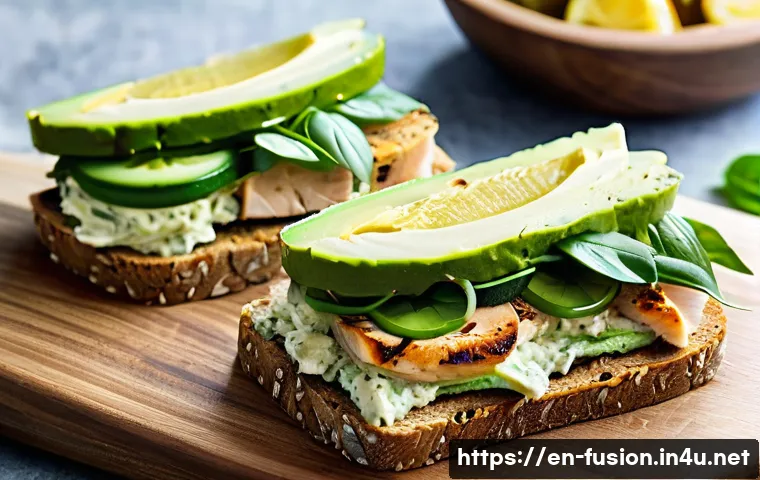 퓨전 샌드위치의 다이어트 메뉴 - A vibrant whole grain sandwich on a rustic wooden board, featuring thick slices of sprouted wheat br...