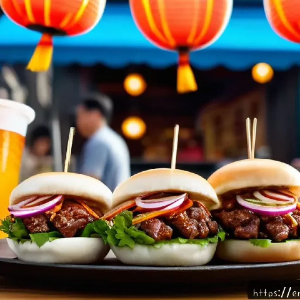 퓨전 패스트푸드의 글로벌 소싱 - A vibrant fusion fast food scene featuring a bao burger on a rustic wooden table, showcasing fluffy ...