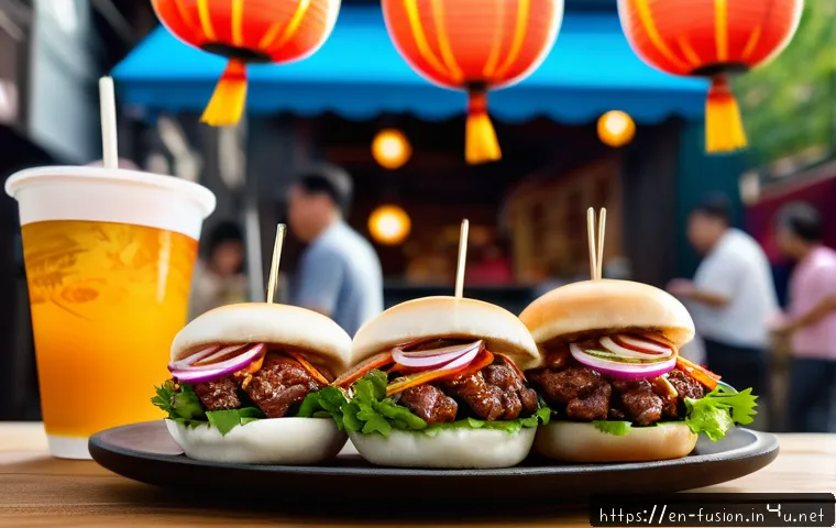 퓨전 패스트푸드의 글로벌 소싱 - A vibrant fusion fast food scene featuring a bao burger on a rustic wooden table, showcasing fluffy ...