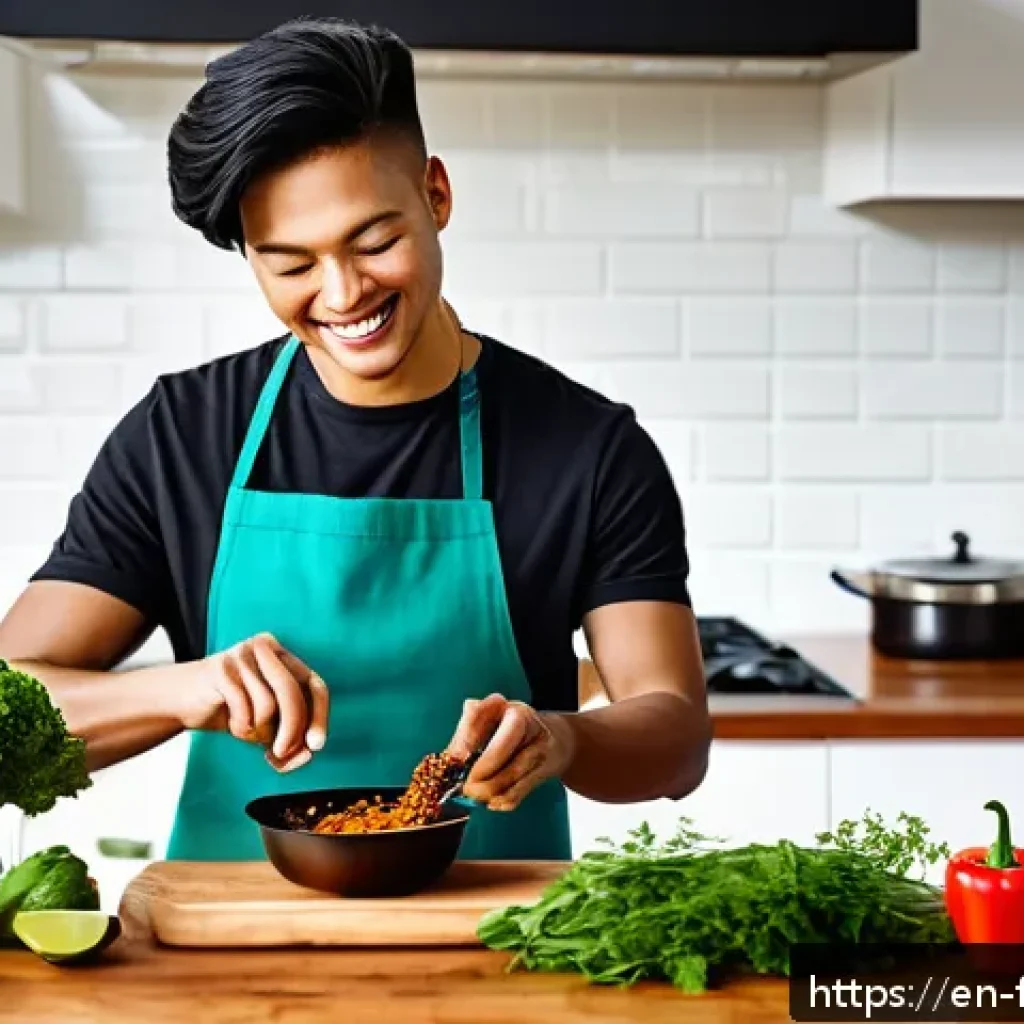 퓨전 패스트푸드의 비건 밀키트 - A vibrant, modern kitchen scene featuring a young adult preparing a colorful vegan fusion meal kit. ...