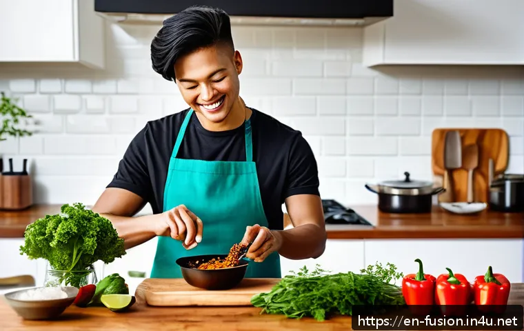 퓨전 패스트푸드의 비건 밀키트 - A vibrant, modern kitchen scene featuring a young adult preparing a colorful vegan fusion meal kit. ...