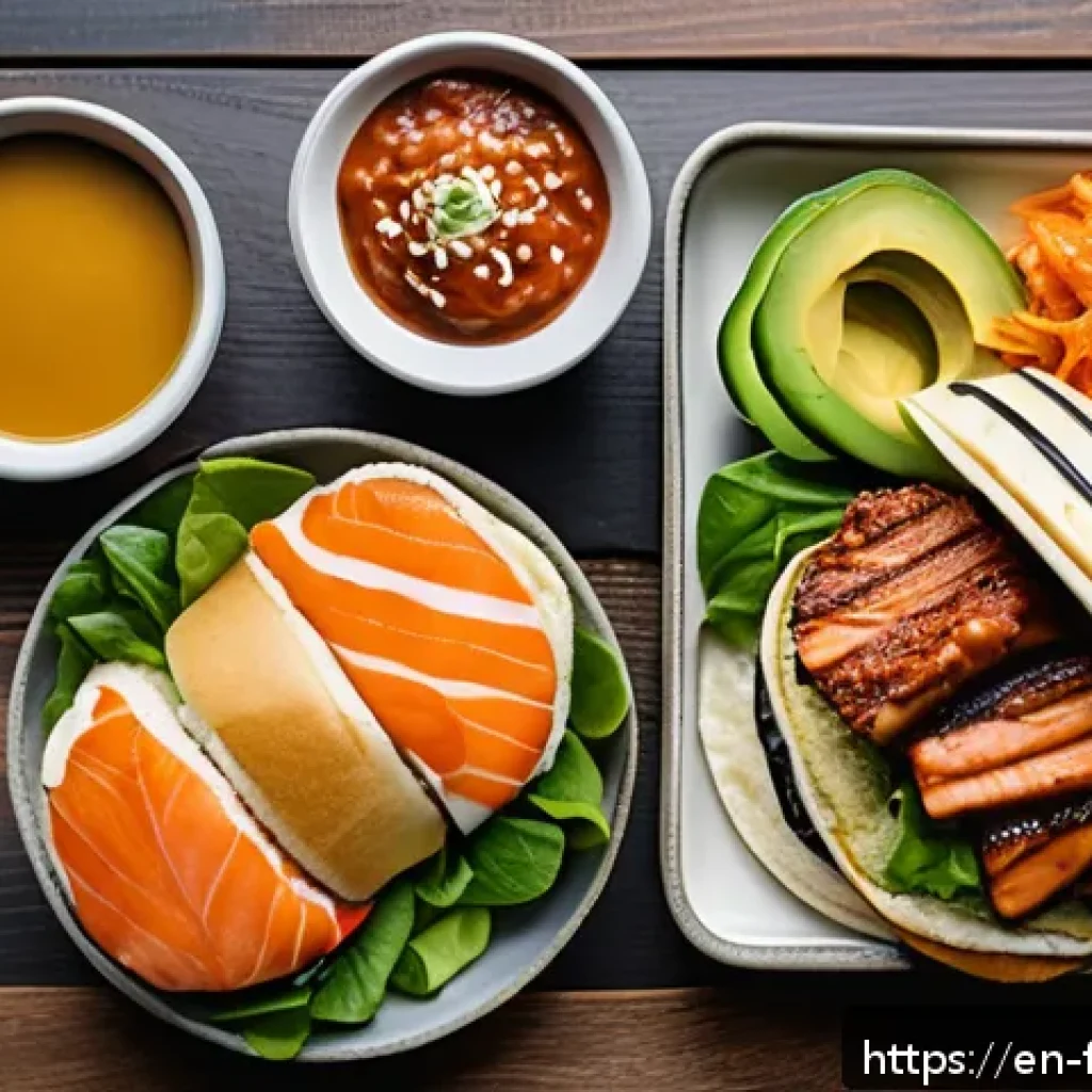 퓨전 패스트푸드 영양 성분 비교 - A vibrant fusion fast food spread featuring a sushi burger with thick rice buns, fresh avocado slice...