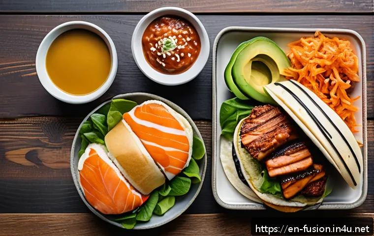 퓨전 패스트푸드 영양 성분 비교 - A vibrant fusion fast food spread featuring a sushi burger with thick rice buns, fresh avocado slice...