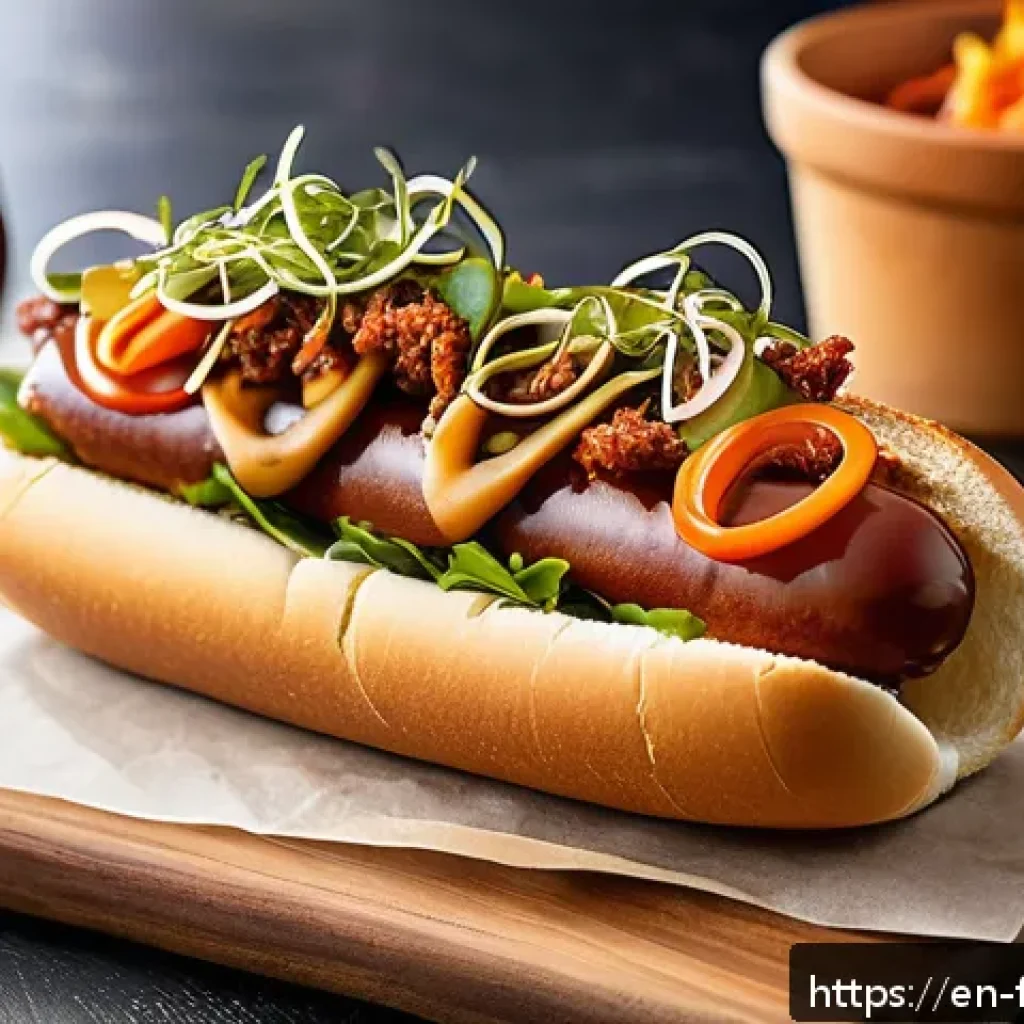 퓨전 핫도그의 유통 과정 - A gourmet fusion hot dog on a toasted pretzel bun, featuring a juicy bratwurst sausage topped with v...