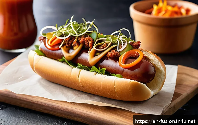 퓨전 핫도그의 유통 과정 - A gourmet fusion hot dog on a toasted pretzel bun, featuring a juicy bratwurst sausage topped with v...