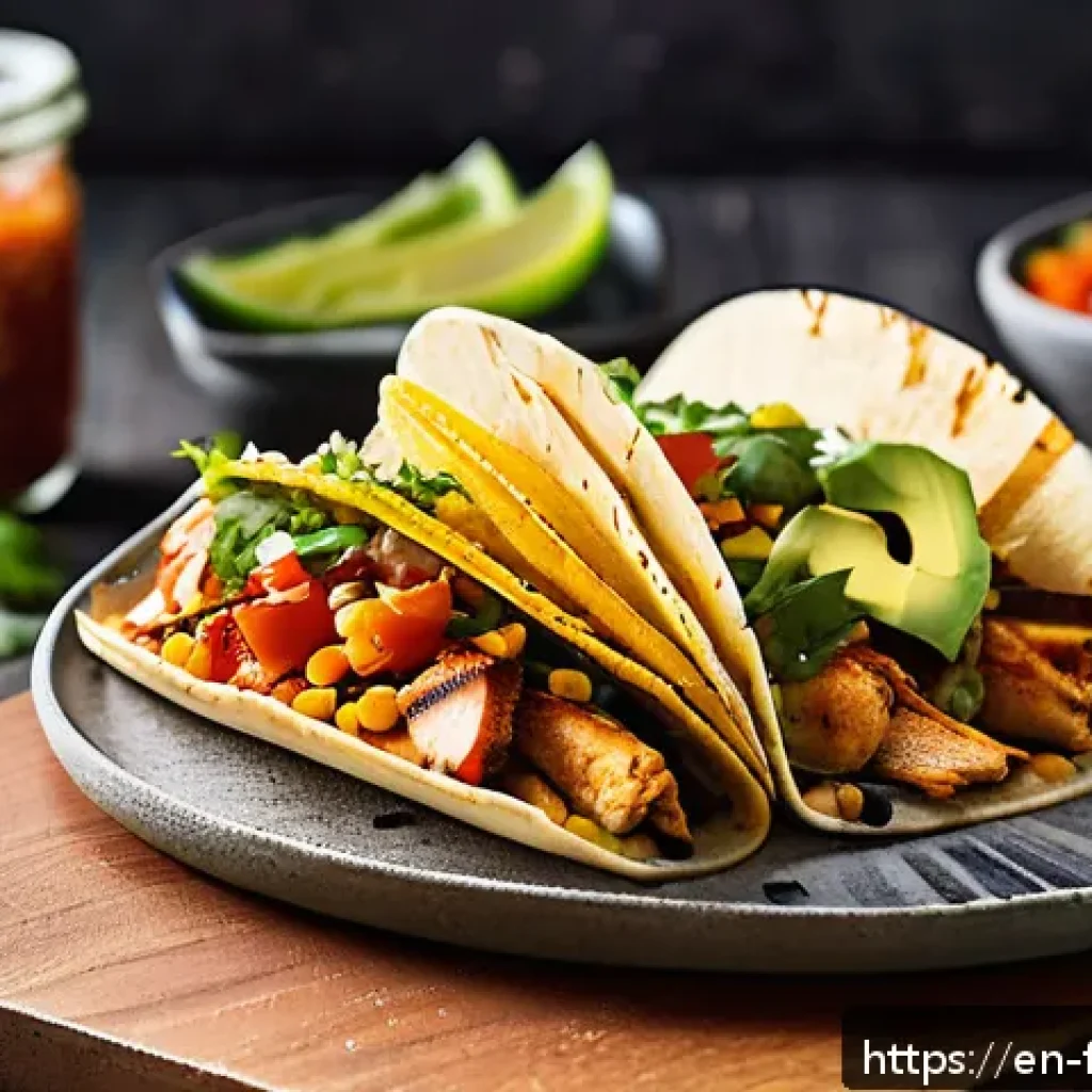 퓨전 패스트푸드 건강식 트렌드 - A vibrant Korean-Mexican fusion taco scene featuring a close-up of a grilled chicken taco wrapped in...