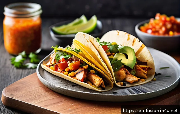퓨전 패스트푸드 건강식 트렌드 - A vibrant Korean-Mexican fusion taco scene featuring a close-up of a grilled chicken taco wrapped in...