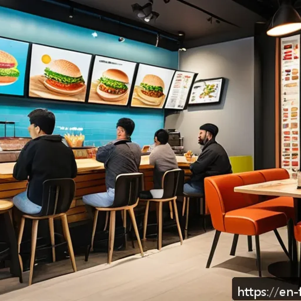 글로벌 패스트푸드 브랜드 비교 - A vibrant fast food restaurant interior featuring a modern, clean design with local art pieces on th...