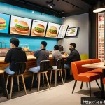 글로벌 패스트푸드 브랜드 비교 - A vibrant fast food restaurant interior featuring a modern, clean design with local art pieces on th...