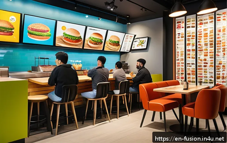 글로벌 패스트푸드 브랜드 비교 - A vibrant fast food restaurant interior featuring a modern, clean design with local art pieces on th...