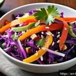 퓨전 치킨과 어울리는 사이드 추천 - A vibrant Asian slaw salad on a rustic wooden table, featuring finely shredded green and purple cabb...