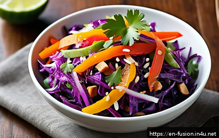 퓨전 치킨과 어울리는 사이드 추천 - A vibrant Asian slaw salad on a rustic wooden table, featuring finely shredded green and purple cabb...