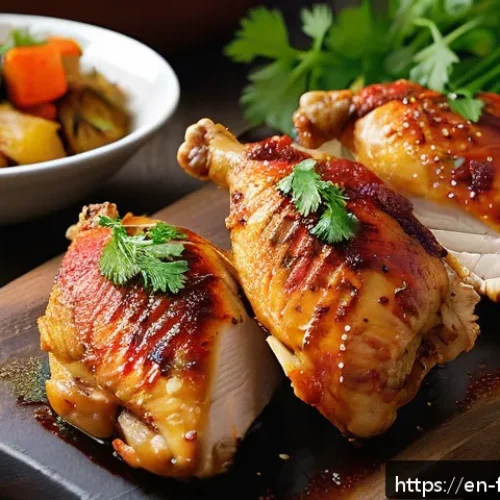 퓨전 치킨 한정판 신메뉴 - A close-up shot of a gourmet fusion chicken dish served on a rustic wooden platter, featuring crispy...