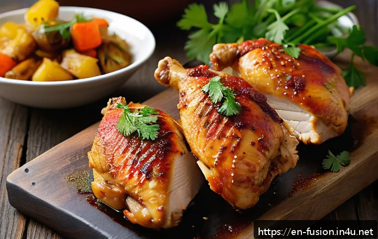 퓨전 치킨 한정판 신메뉴 - A close-up shot of a gourmet fusion chicken dish served on a rustic wooden platter, featuring crispy...