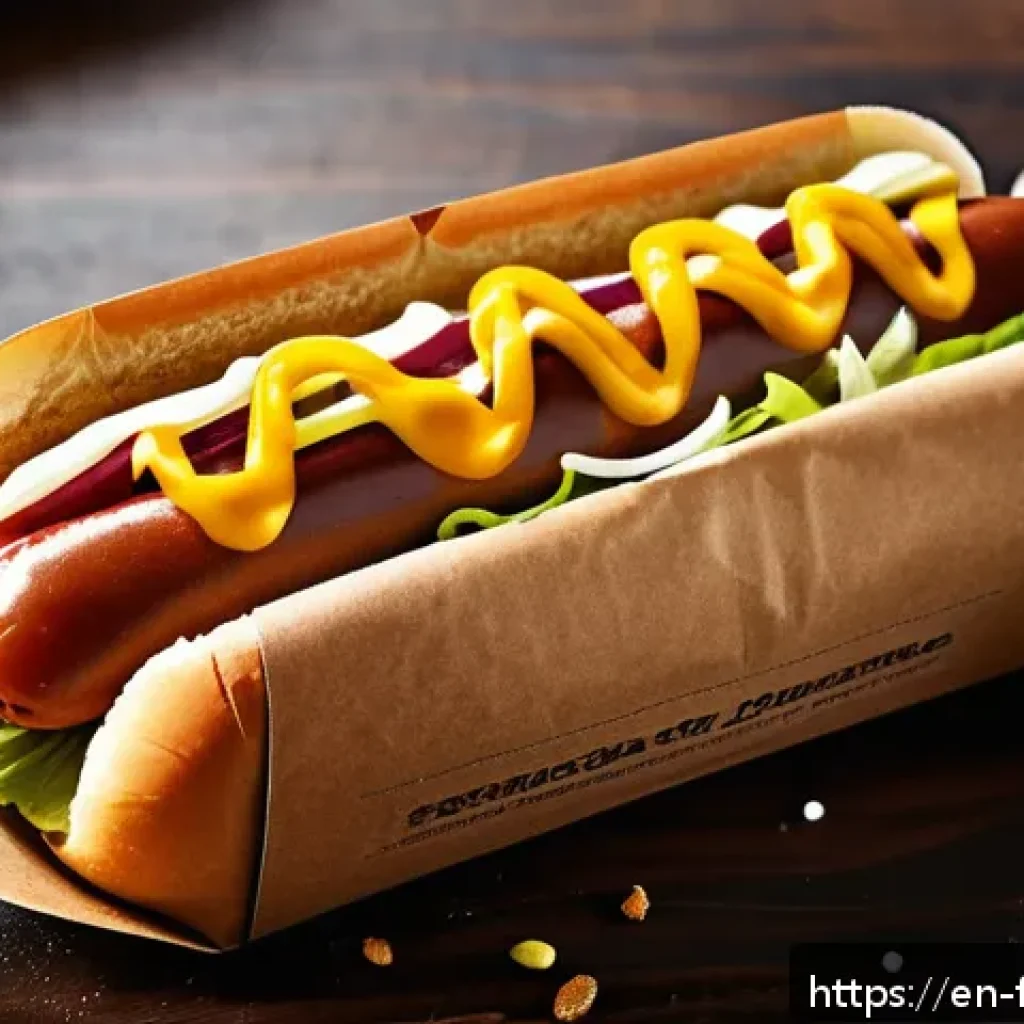 퓨전 핫도그 고급 포장재 - A vibrant street food scene featuring a gourmet hot dog presented in eco-friendly packaging made fro...
