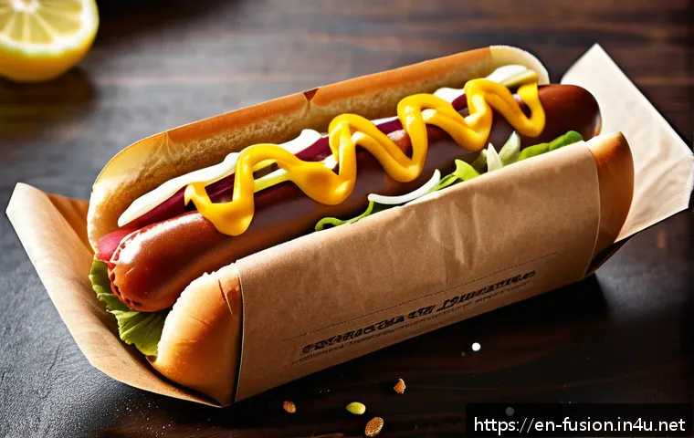 퓨전 핫도그 고급 포장재 - A vibrant street food scene featuring a gourmet hot dog presented in eco-friendly packaging made fro...