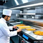 퓨전 패스트푸드 배달 플랫폼 활용 - A modern smart kitchen interior with sleek robotic arms and automated cooking stations preparing vib...