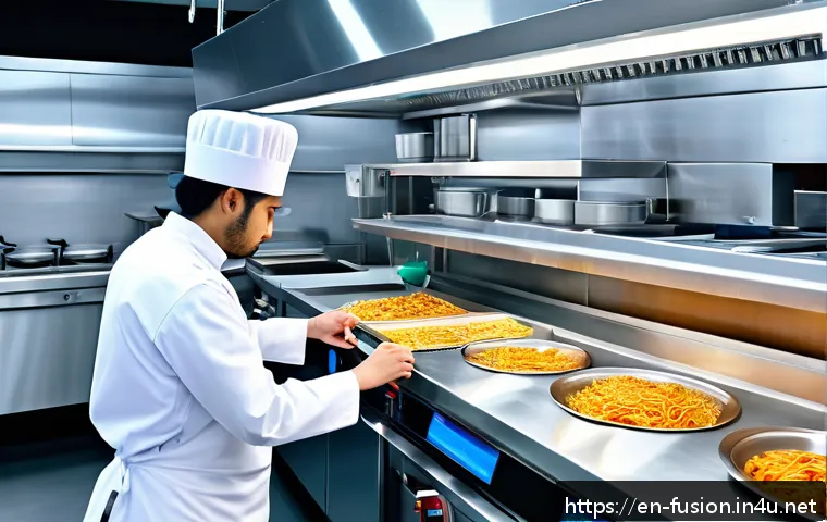 퓨전 패스트푸드 배달 플랫폼 활용 - A modern smart kitchen interior with sleek robotic arms and automated cooking stations preparing vib...