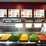 퓨전 패스트푸드 건강식품 인증 - A modern fast food restaurant interior featuring a brightly lit menu board displaying fusion fast fo...