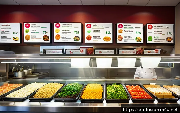퓨전 패스트푸드 건강식품 인증 - A modern fast food restaurant interior featuring a brightly lit menu board displaying fusion fast fo...