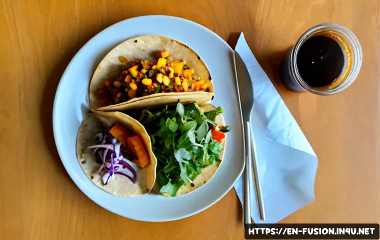 퓨전 패스트푸드 포장재 지속 가능성 - Photorealistic overhead comparison of a fusion fast-food meal on a clean café table, vibrant tacos a...